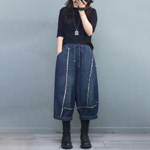 Baggy -Fit Blue Wide Leg Jeans Fringed Cropped Jeans for Women