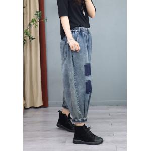 Blue Patchwork Baggy Jeans Womens Stone Wash Casual Jeans