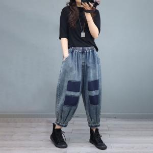 Blue Patchwork Baggy Jeans Womens Stone Wash Casual Jeans