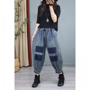 Blue Patchwork Baggy Jeans Womens Stone Wash Casual Jeans