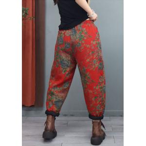 Chinese Folk Red Floral Pants Cotton Linen Quilted Trousers