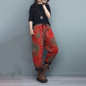 Chinese Folk Red Floral Pants Cotton Linen Quilted Trousers