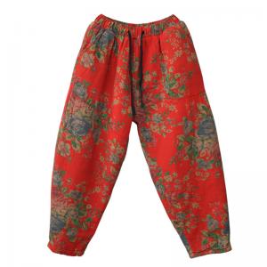 Chinese Folk Red Floral Pants Cotton Linen Quilted Trousers