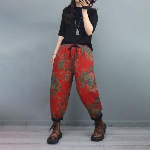 Chinese Folk Red Floral Pants Cotton Linen Quilted Trousers