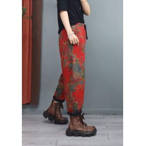 Chinese Folk Red Floral Pants Cotton Linen Quilted Trousers