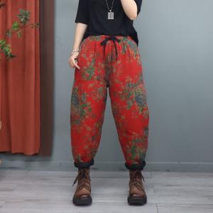 Chinese Folk Red Floral Pants Cotton Linen Quilted Trousers