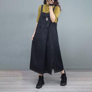 Ulzzang Style Side Slit Denim Dress A-Line Overall Dress