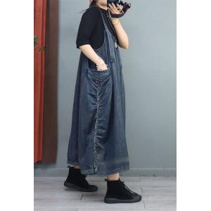 Side Belted Plus Size Overall Dress Pleated Denim Dress