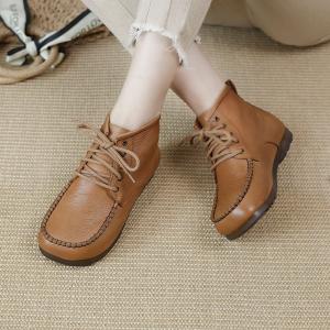 Cowhide Leather Lace Up Short Boots Soft Handmade Boots