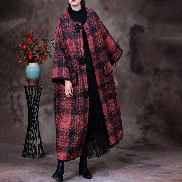 Classic Red Gingham Coat Womens Alpaca Wool Black Coat