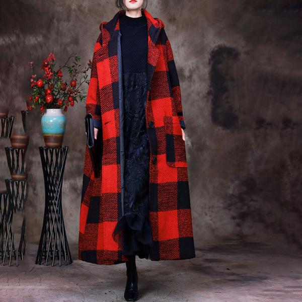 Red Checkered Blanket Coat Large Size Hooded Coat