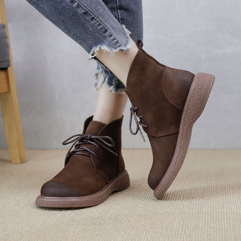 Low Heels Lace Up Martin Boots Womens Cowhide Desert Boots in Dark ...