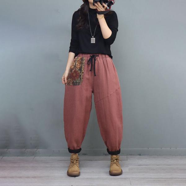 Flowers Pockets Pull-On Quilted Pants Cotton Linen Puffer Pants