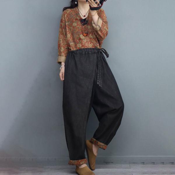 High-Waist Ethnic Cinched Jumpsuits Floral Cotton Linen Coveralls