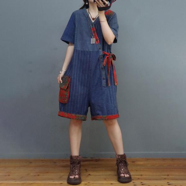 Chinese Folk Blue Striped Romper Tied Wide Leg Short Jumpsuits