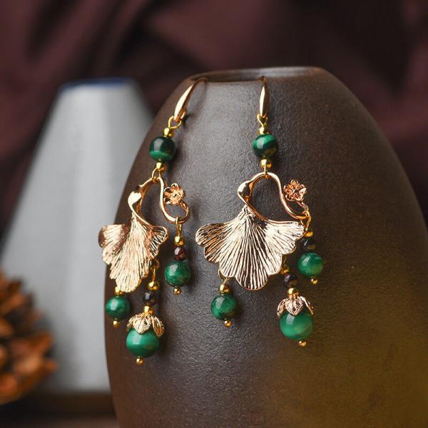 Metal Ginkgo Leaf Chinese Malachite Earrings