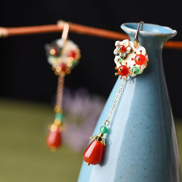 Red Agate Long Earrings Shell Flowers Pendant Earrings