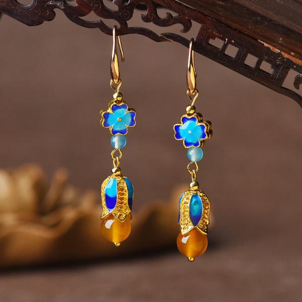 Chinese Traditional Agate Earrings Cloisonne Blue Earrings