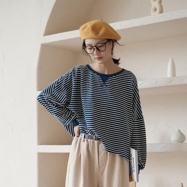 Ulzzang Fashion Oversized Sweatshirt Blue Striped Cotton Tee