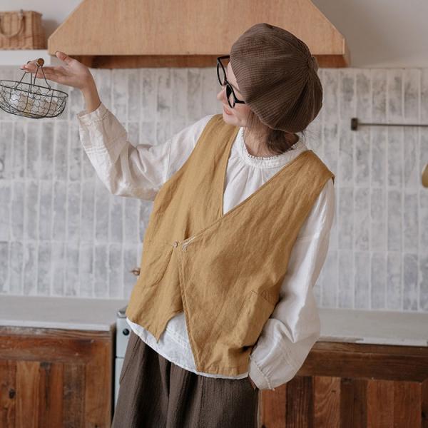 V-Neck Yellow Linen Vest Casual Comfy Waistcoat