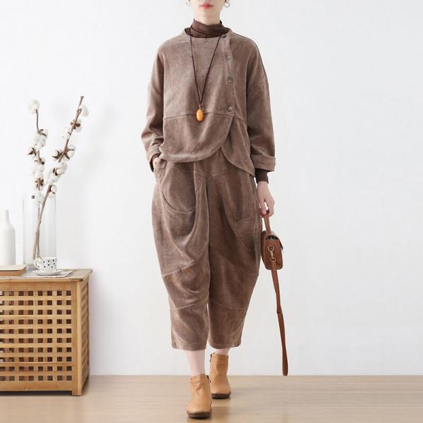 Slanted Buttons Corduroy Designer Two Piece Blouse and Pants Sets