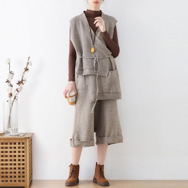 V-Neck Knitting Cinched Vest with Wide Leg Cropped Pants