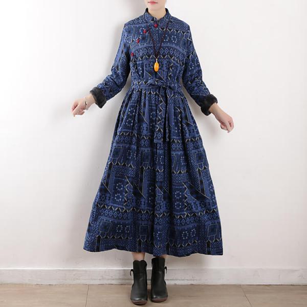 Red Buttons Fleeced Linen Blue Dress Cotton Linen Cheongsam Dress