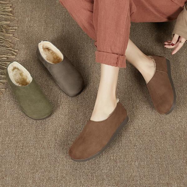 Round Toe Wool Lined Winter Flats Cowhide Leather Granny Slip-Ons