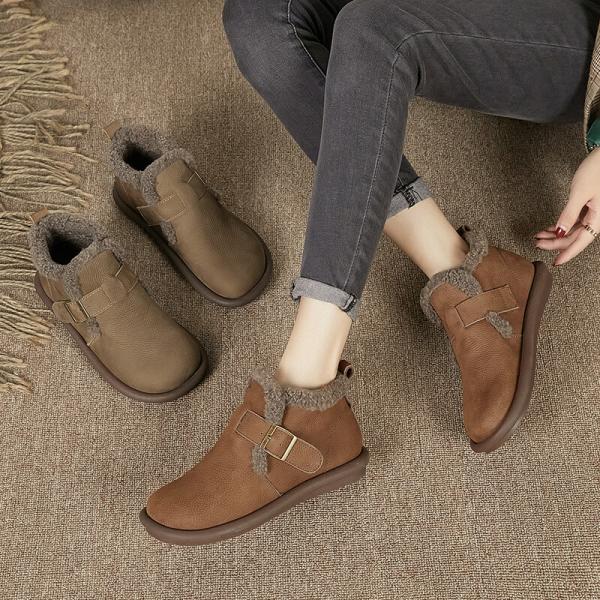 Winter Wool Warm Snow Boots Genuine Leather Buckle Booties