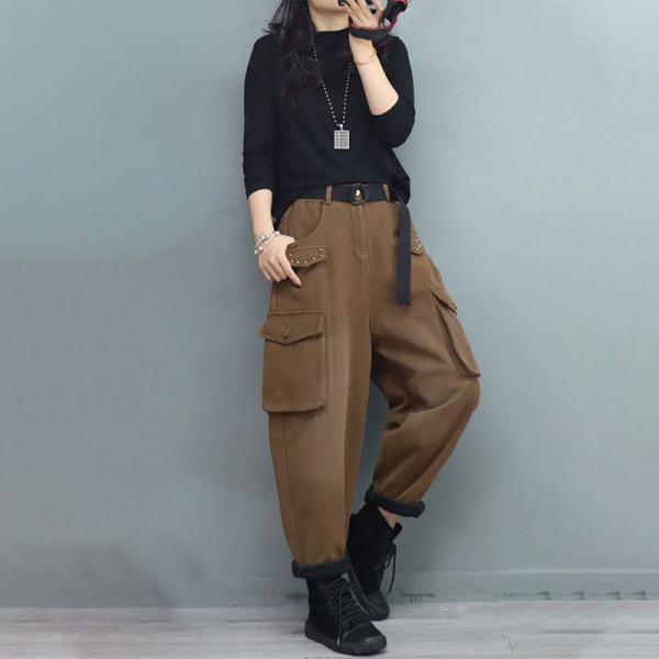 Flap Pockets Fleeced Cotton Pants Rivet Winter Pants for Women