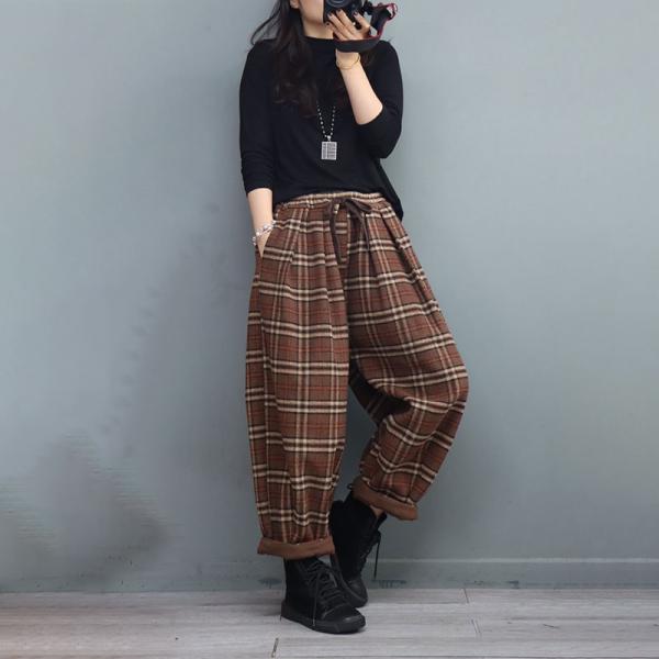 Fleeced Lining Baggy Tartan Pants Winter Pull-On Gingham Pants