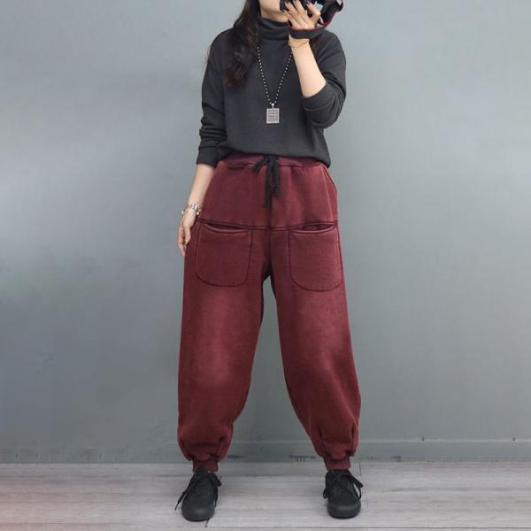 Straight Pockets Cotton Fleeced Pants Drawstring Waist Tapered Pants