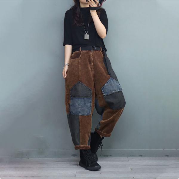 Denim Pockets Corduroy Pants Vintage Hippie Trousers for Women