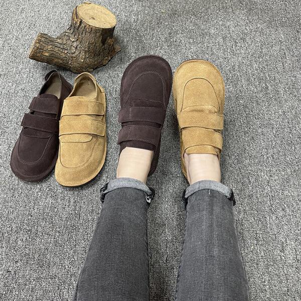 Hook and Loop Suede Flats Casual Comfy Coffee Shoes