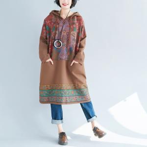Folk Style Printed Hoodie Dress Plus Size Cotton Long Hoodie
