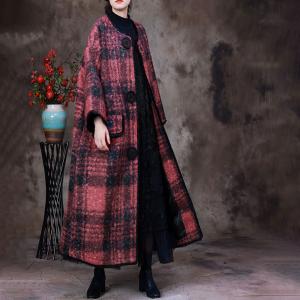 Classic Red Gingham Coat Womens Alpaca Wool Black Coat