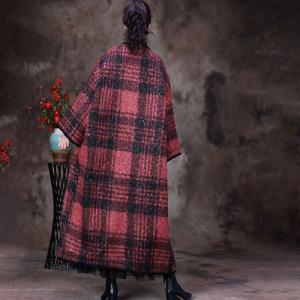 Classic Red Gingham Coat Womens Alpaca Wool Black Coat