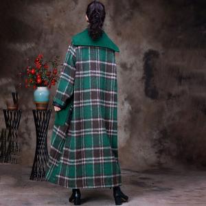 Wide Lapel Green Coat Plus Size Woolen Tartan Coat