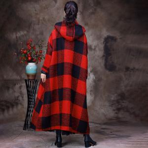 Red Checkered Blanket Coat Large Size Hooded Coat