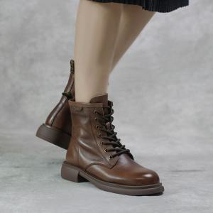 Side Zip Peep Toe Leather Martin Boots Chunky Heel Buskin Boots