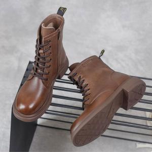 Side Zip Peep Toe Leather Martin Boots Chunky Heel Buskin Boots