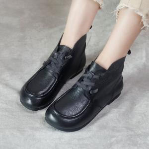 Soft Leather Tied Short Boots Womens Slip-On Booties