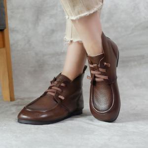 Soft Leather Tied Short Boots Womens Slip-On Booties