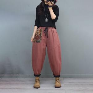 Flowers Pockets Pull-On Quilted Pants Cotton Linen Puffer Pants