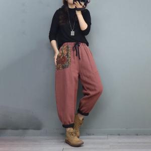 Flowers Pockets Pull-On Quilted Pants Cotton Linen Puffer Pants