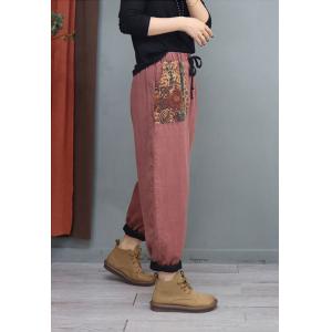 Flowers Pockets Pull-On Quilted Pants Cotton Linen Puffer Pants