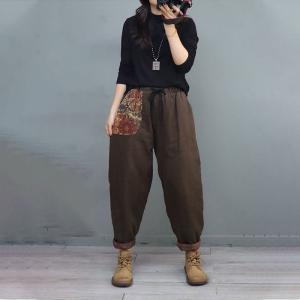 Flowers Pockets Pull-On Quilted Pants Cotton Linen Puffer Pants