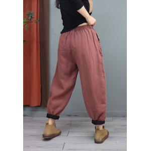 Flowers Pockets Pull-On Quilted Pants Cotton Linen Puffer Pants