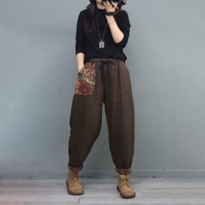 Flowers Pockets Pull-On Quilted Pants Cotton Linen Puffer Pants