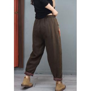 Flowers Pockets Pull-On Quilted Pants Cotton Linen Puffer Pants